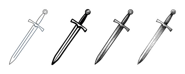 Naklejka premium Four medieval sword illustrations showcasing different artistic styles including outline, solid, engraving, and stippling.