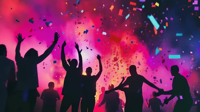 Confetti Celebration: Silhouetted figures immersed in an exuberant dance, confetti showers down, encapsulating the essence of a vibrant, high-energy festivity.