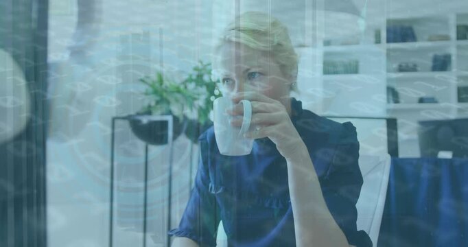 Animation of binary coding data processing over woman drinking coffee at home
