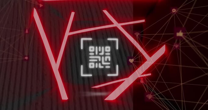 Animation of neon qr code scanner and globes of digital icons spinning against tall buildings