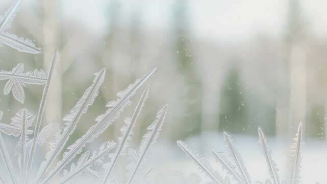 Intricate ice crystals slowly form and grow on a window pane with a blurred winter forest in the background, symbolizing the delicate beauty of cold weather.