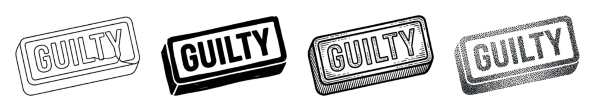 Guilty rubber stamp vector illustrations in different artistic styles representing legal judgment and responsibility.