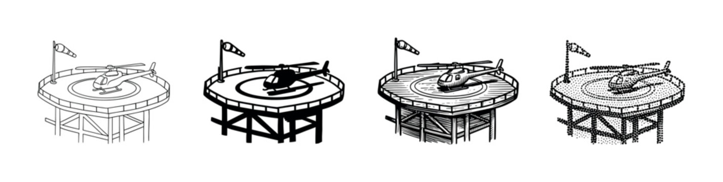 Helicopter helipad windsock icon set different styles showcasing various artistic interpretations for aviation and transport design elements.