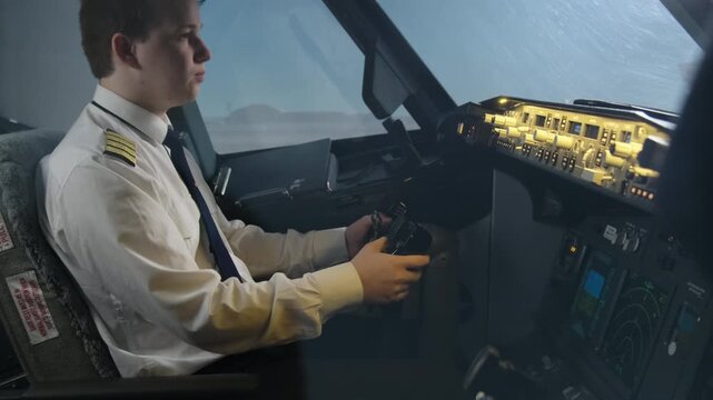 Young captain in uniform turns thrust lever holding steering wheel of aircraft. Professional pilot prepares taking off airplane