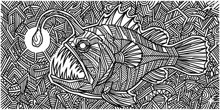Intricate tribal anglerfish vector icon bundle featuring abstract geometric lines deep ocean monster graphic art for creative coloring book projects
