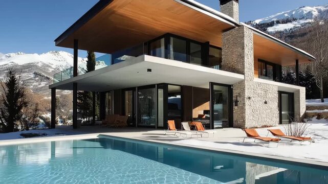 Luxury Mountain Villa: A stunning, modern villa nestled in a snowy mountain landscape, boasting a luxurious outdoor pool, wooden accents, and expansive windows offering breathtaking views.