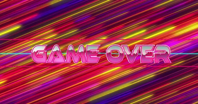 Animation of game over text over neon banner against colorful light trails in seamless pattern