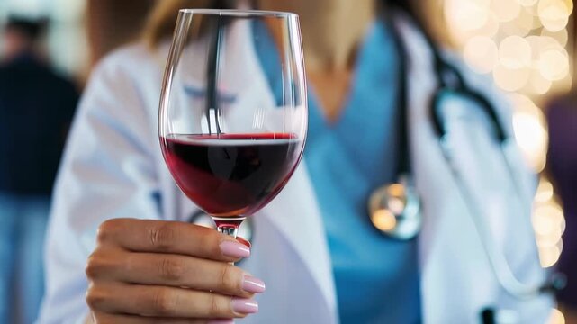 Wine Glass in Doctor's Hand: A professional in a medical coat, a glass of exquisite red wine is held, suggesting a moment of reflection or relaxation.