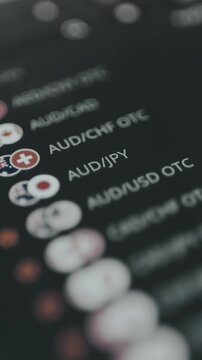 View of a list of financial trading pairs from a trading application