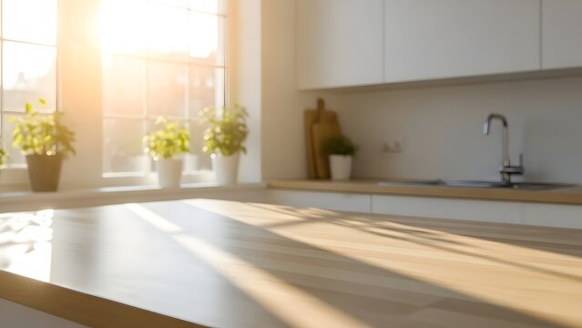 Modern kitchen interior with sunlight shining through a large window