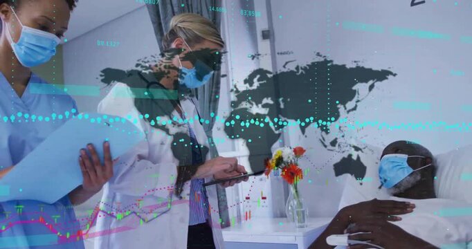 Nurse handing chart and doctor tapping tablet starting vitals check in hospital with data overlays