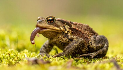 Toad with a worm in its mouth, atop vibrant green moss, sharp details and shallow depth of field