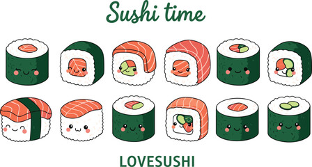 Cute Kawaii Sushi Set with Smiling Sushi Rolls Salmon Nigiri and Maki Japanese Food Cartoon Vector Illustration © MdMunzurul