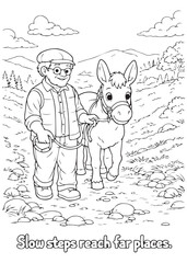 Fototapeta premium coloring book grandpa walking slowly beside his donkey over a rocky path, taking careful steady steps