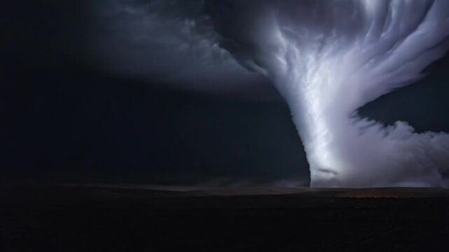 A powerful tornado with a massive funnel cloud descends over a dark, desolate plain under a dramatic stormy sky, symbolizing destructive natural forces.