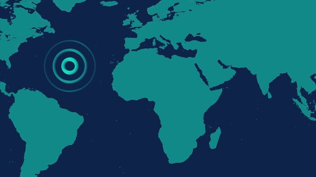 World map with concentric circles targeting the Atlantic Ocean animation on dark background. Futuristic global tracking interface with radar style indicator and monitoring technology .
