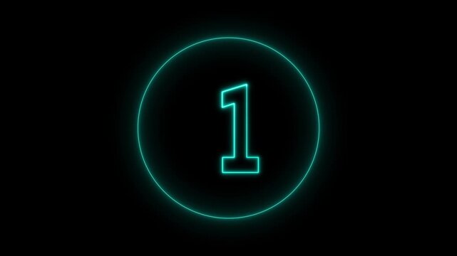 Teal neon number one inside circular frame animation on black background. Glowing numeric symbol badge with futuristic neon sign style for ranking, counting, score display or digital.