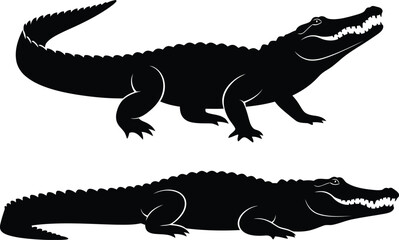 Obraz premium Crocodile silhouette vector set with standing and resting poses, dangerous reptile predator illustration isolated for wildlife design, logo, tattoo, mascot and safari graphics