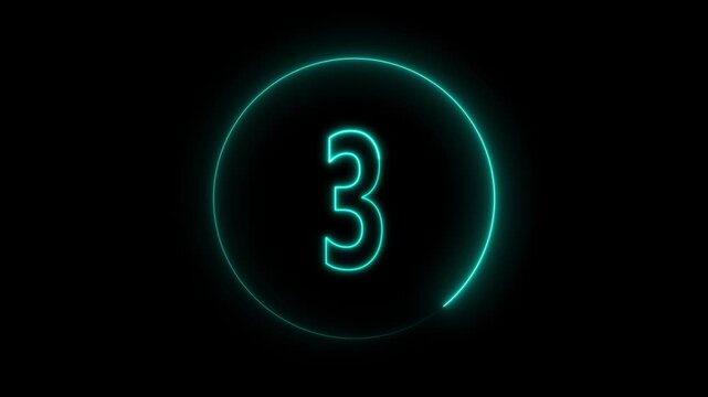 Glowing cyan neon number three inside circular frame animation on black background. Bright turquoise numeric symbol badge with futuristic neon digital interface motion graphic.