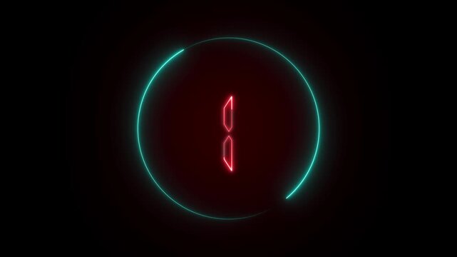 Blue neon number one inside circular frame animation on black background. Glowing numeric symbol badge with futuristic neon sign style for ranking, counting, score or digital interface motion.