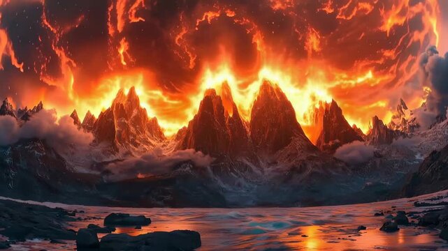 Fiery Mountain Majesty: An awe-inspiring view of majestic mountains, crowned with a ring of fire. A testament to nature's formidable power, the scene ignites the imagination.