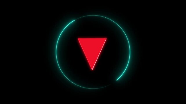 Red downward triangle inside cyan neon circle animation on black background. Glowing down arrow style warning indicator for decline, decrease, drop or negative trend digital interface motion .