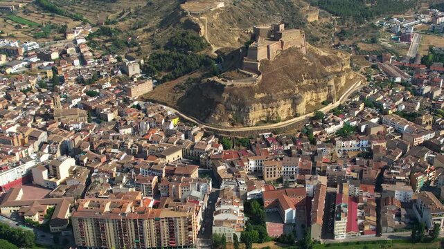 An Aerial panoramic view of the old town of the city  Monzon on a sunny summer noon in Spain.
