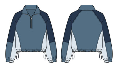 Windbreaker technical fashion illustration. half-zip pullover vector template illustration. front and back view. navy and sky blue color-block. adjustable drawstring hem. unisex. CAD mockup. © aiven studio