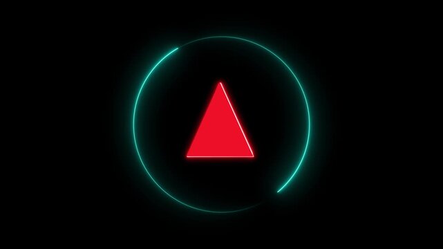 Red upward triangle inside cyan neon circle animation on black background. Glowing up arrow style growth indicator for increase, progress, rise or positive trend digital interface motion graphic.