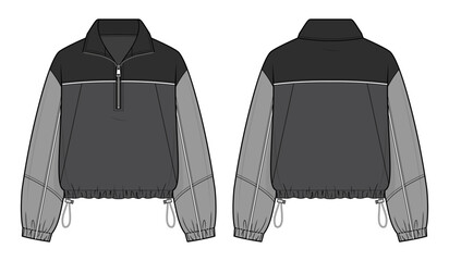 Windbreaker technical fashion illustration. half-zip pullover vector template illustration. front and back view. black and charcoal grey color-block. adjustable drawstring hem. unisex. CAD mockup. © aiven studio