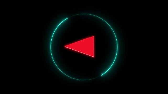 Red play button triangle inside cyan neon circle animation on black background. Glowing media control icon for video playback, streaming interface or digital player dashboard motion graphic.
