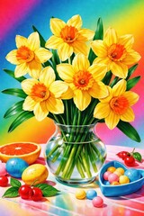 Naklejka premium Vibrant daffodils in glass vase.