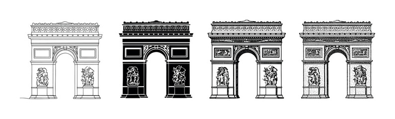 Four different architectural arches rendered in various artistic illustration styles, showcasing diverse graphic design techniques.