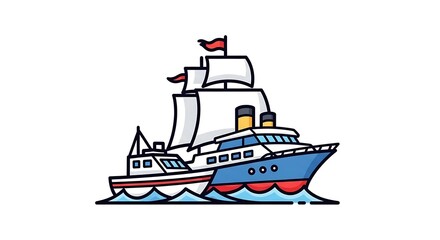 Naklejka premium A cartoon illustration of a passenger ship and a sailboat, both floating on waves against a white backdrop
