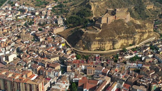 An Aerial panoramic view of the old town of the city  Monzon on a sunny summer noon in Spain.