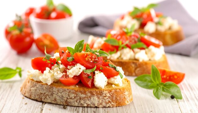 Toasted bread topped with tomatoes, white cheese, and basil on a rustic wooden surface