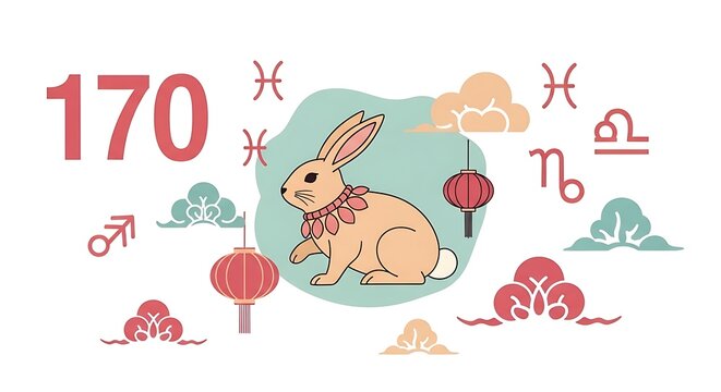 A cartoon rabbit, encircled by Asian-inspired clouds, lanterns, zodiac symbols, and a red number 170