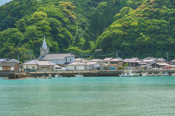 Sakitsu village fishing port and church in Amakusa Kumamoto Japan