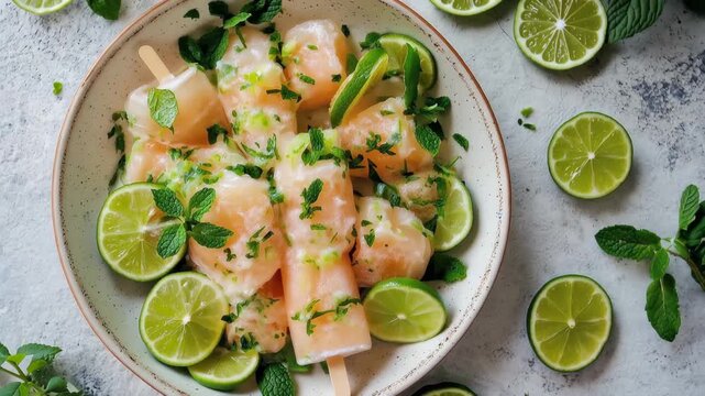 Refreshing Citrus Delights: A close-up shot of delectable frozen treats, perfectly complemented by zesty lime slices and vibrant mint leaves, evoking a sense of cool refreshment.