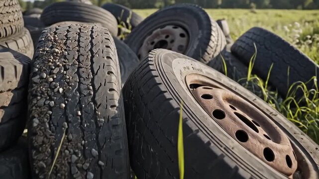 Pile of Old Tires Discarded in a Grassy Field.