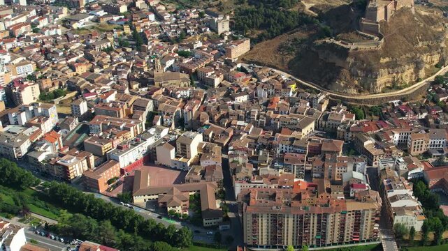 An Aerial panoramic view of the old town of the city  Monzon on a sunny summer noon in Spain.