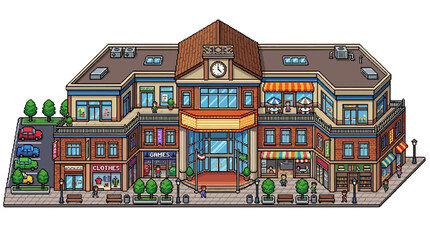 Naklejka premium Detailed Isometric View of a Bustling Commercial Building Facade.