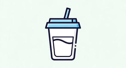 Obraz premium A cartoon-style illustration of a beverage cup, featuring a lid and straw, with a partially filled liquid. Background is a soft green gradient