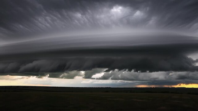 A massive, ominous shelf cloud dominates the horizon over a dark, open field, with turbulent storm clouds and distant rain, symbolizing nature's raw power.