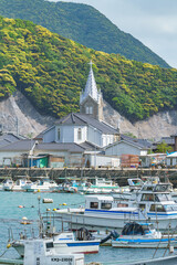 Sakitsu village fishing port and church in Amakusa Kumamoto Japan