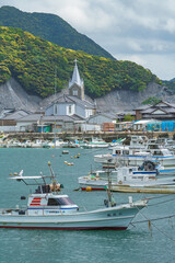 Sakitsu village fishing port and church in Amakusa Kumamoto Japan