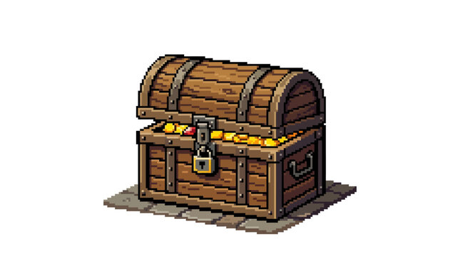 Antique Wooden Treasure Chest Filled With Gold Coins.
