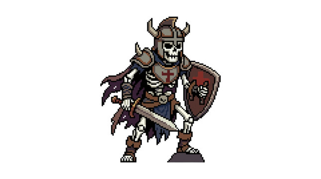 Pixel Art Undead Warrior Skeleton Knight with Sword and Shield.