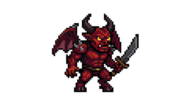 Pixel Art Red Demon Warrior with Wings and Sword.