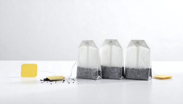 Three teabags and two yellow tags on a glossy white surface against a bright white background